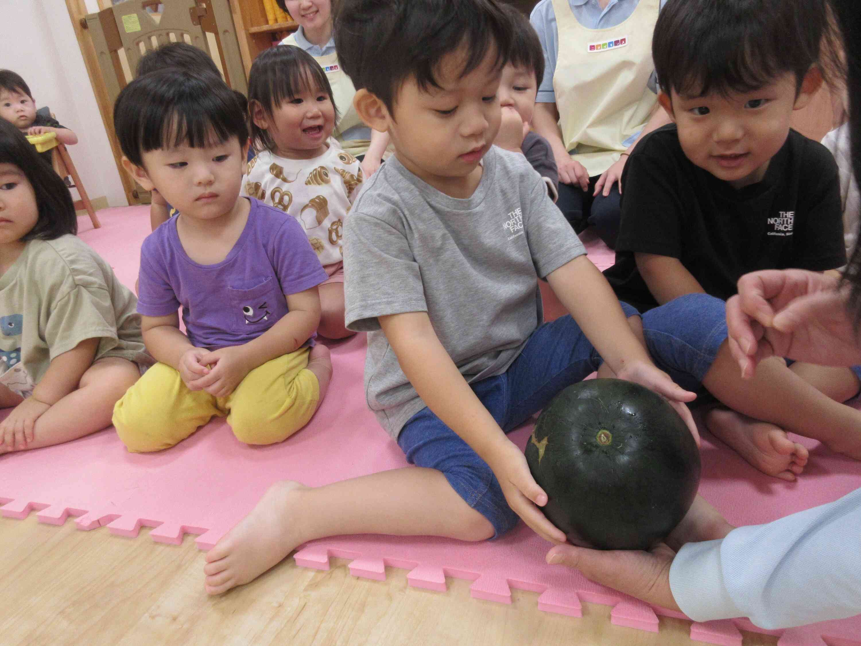本物のすいかをさわってみたよ。重たかったね。