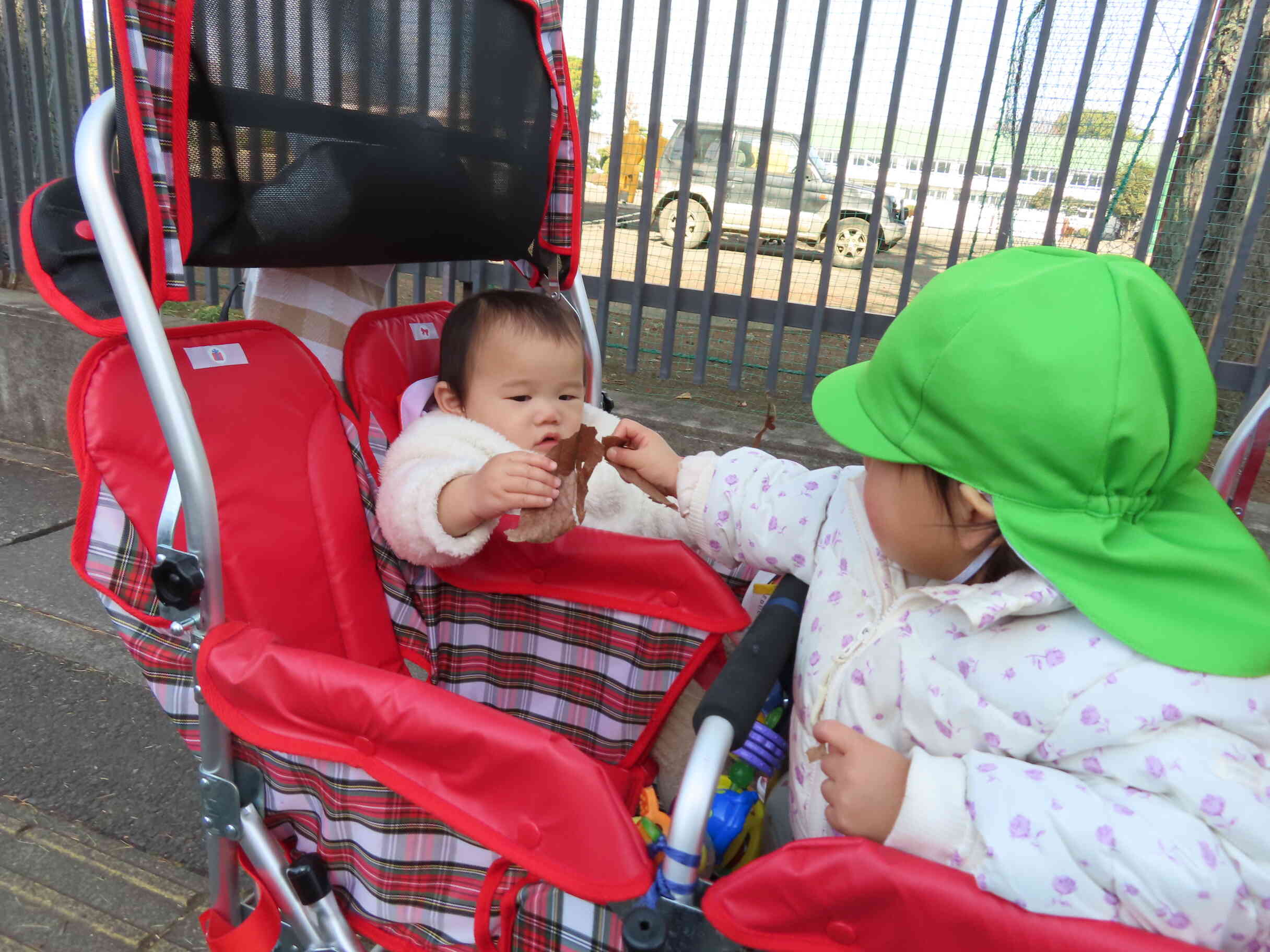 帰りはカートに乗って保育園まで帰ります。給食 楽しみだね♪