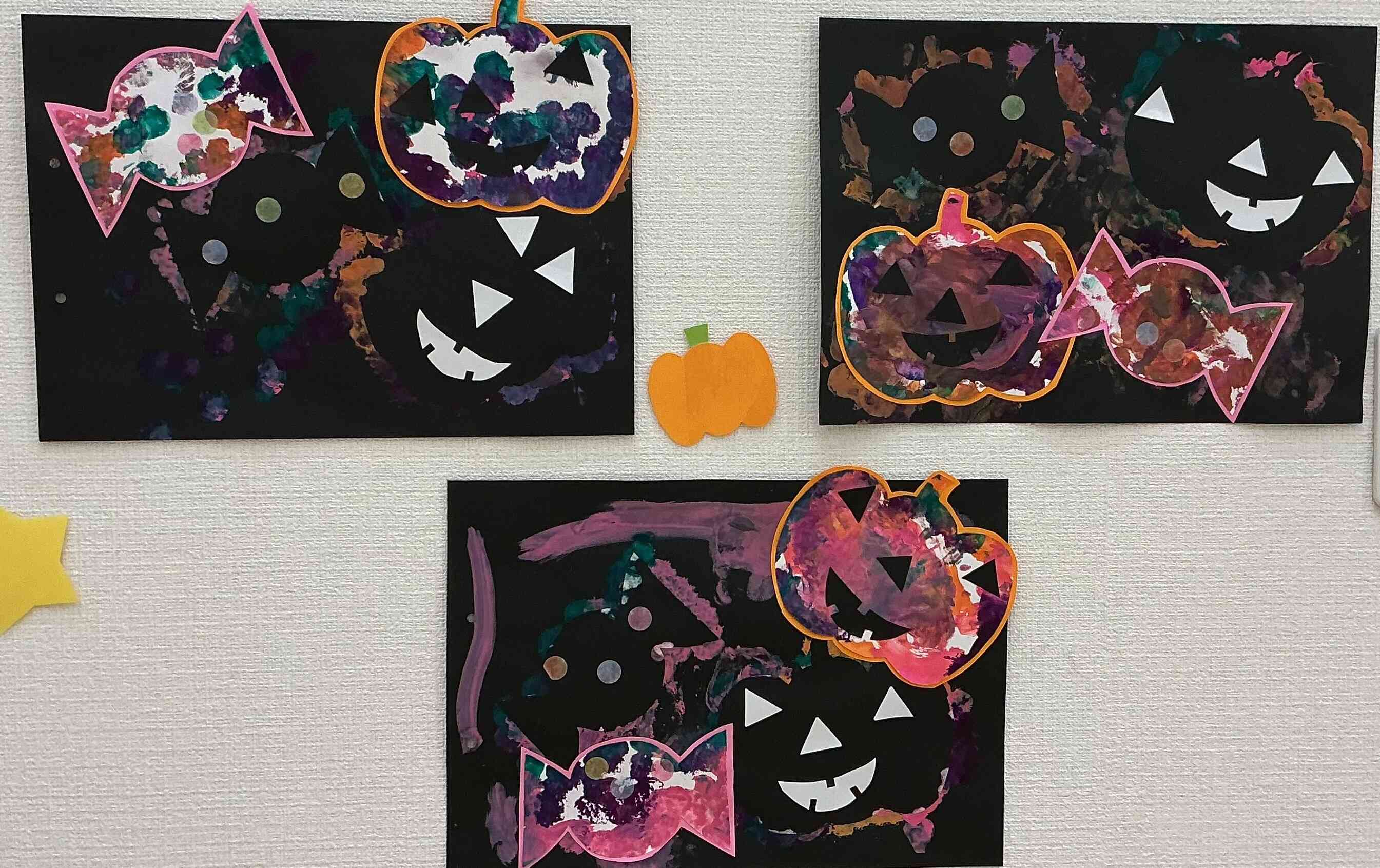 お顔とシールも貼って、素敵なハロウィンの壁面装飾が完成しました
