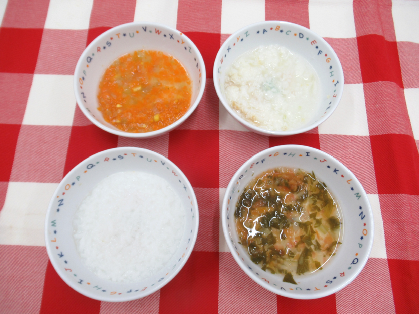 ★中期食★7倍粥、カレイのとろとろ煮、にんじんのくたくた煮、チンゲン菜のスープ
