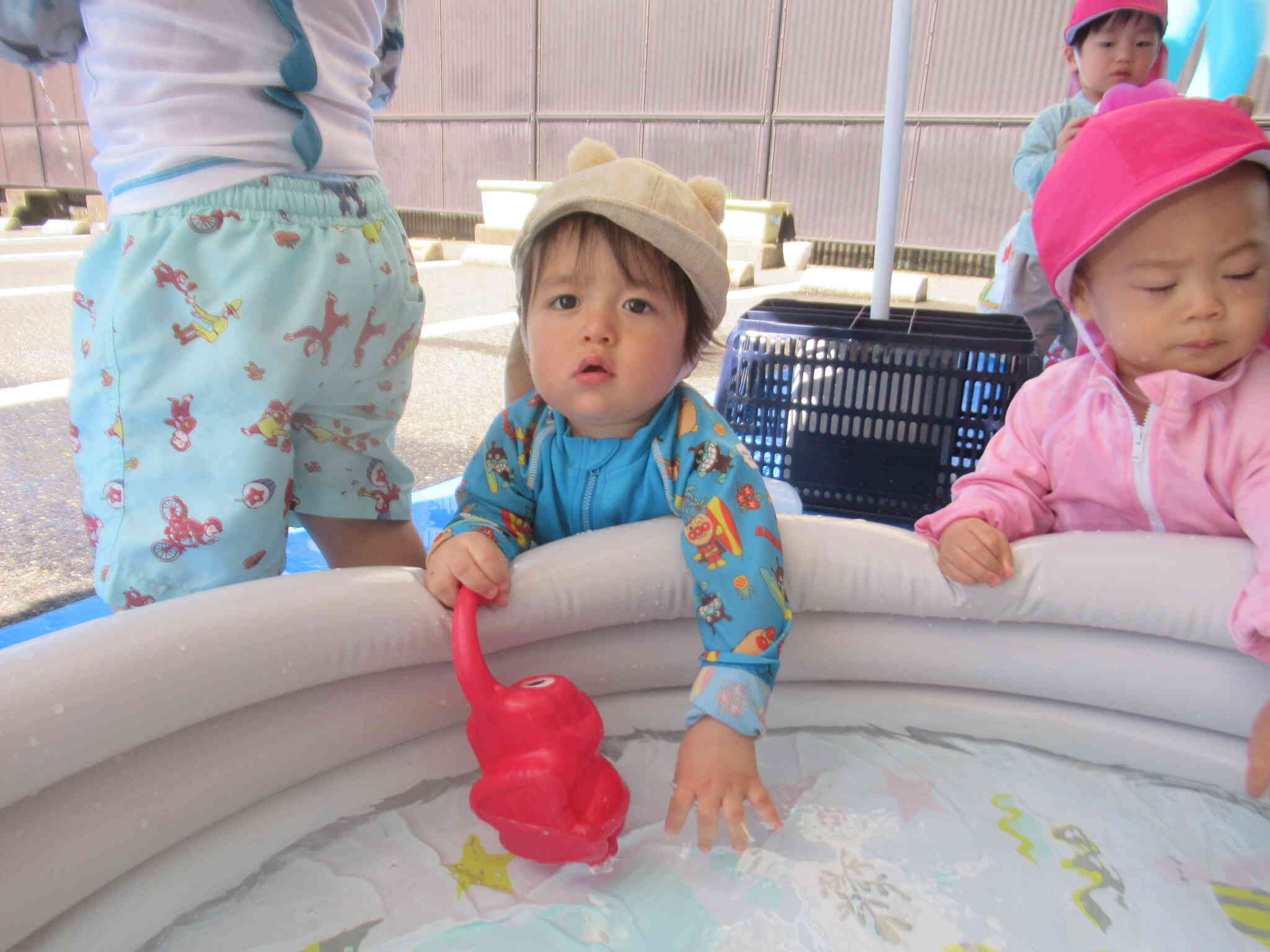 チョンチョン… ぼくもお水 触ってみたくなっちゃった　 パチャパチャパチャ ...　　わぁ 冷たい！　ゾウさんジョウロにも お水いれてみていい？
