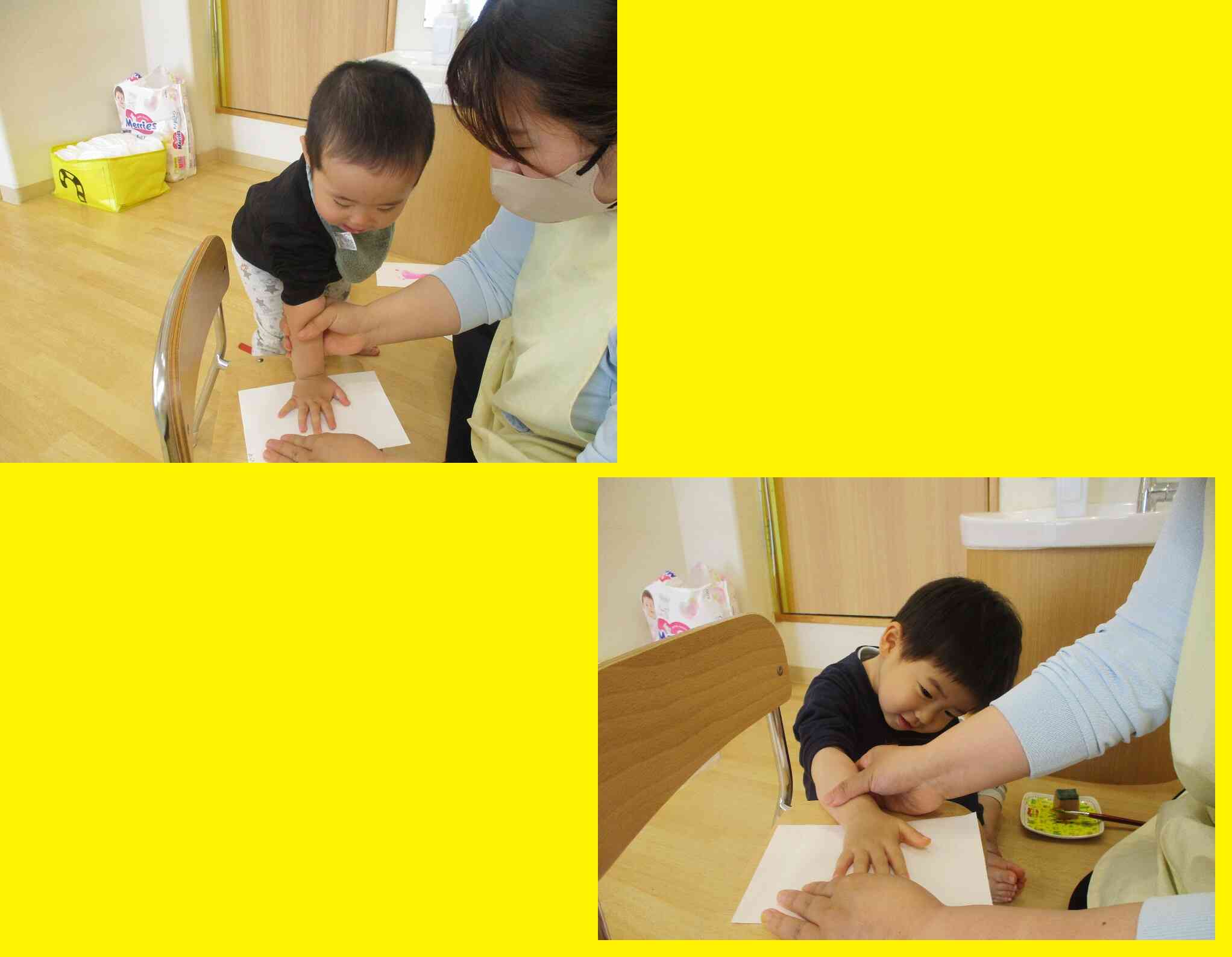 「なにやるの～？」とワクワクした様子でした！みんなの手形・足形は、可愛い動物さんに変身しました♡