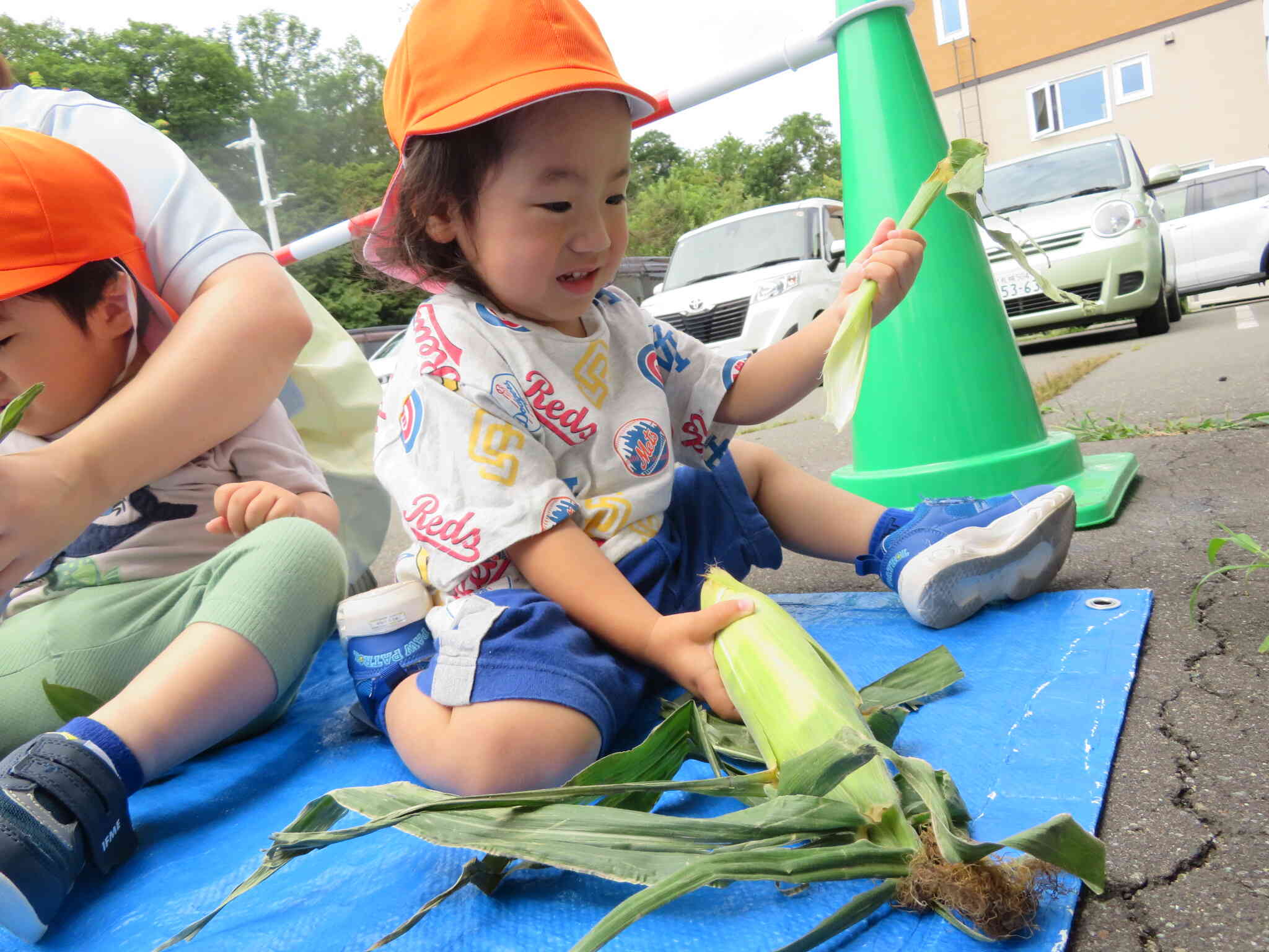 とうもろこしの皮むきに挑戦！！これがまた力のいる作業で・・・美味しいとうもろこしを食べるために頑張ろう❕