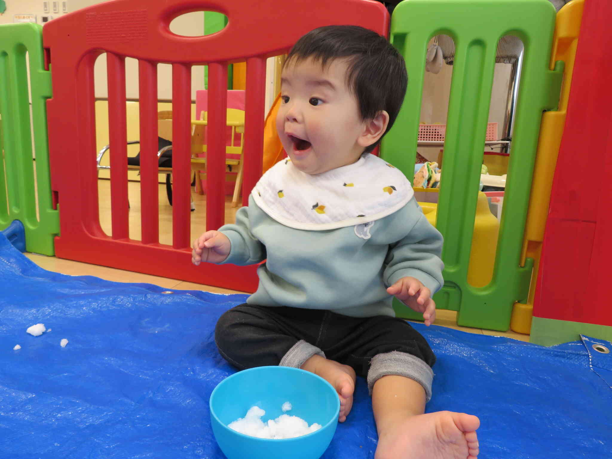 どうした⁉お部屋での雪遊び・・・冷たくてビックリした？