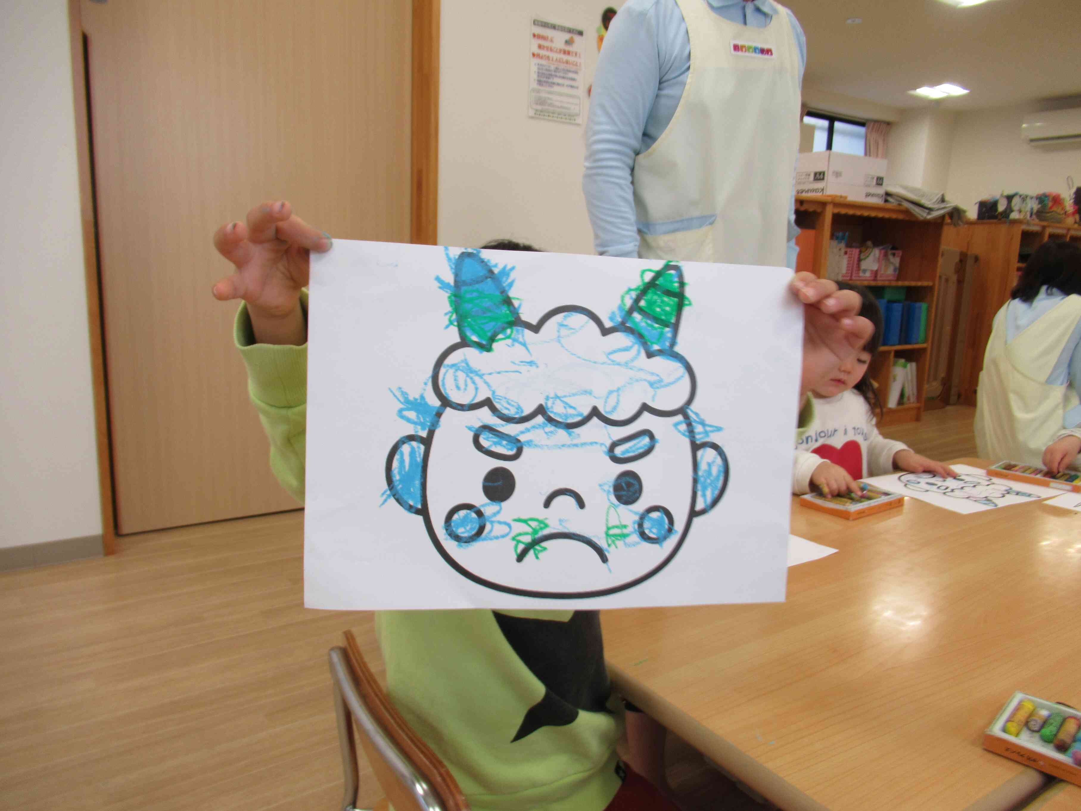 水色と、緑の鬼さんがいるんだよ。