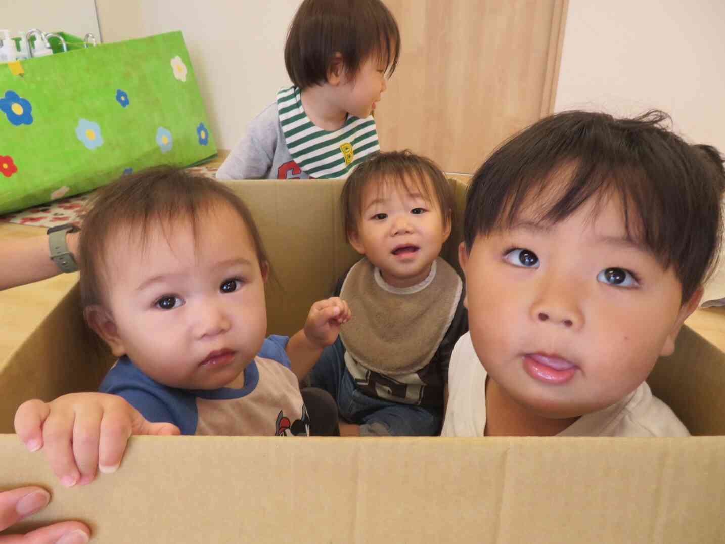 段ボールハウスでかくれんぼ、み～つけた！