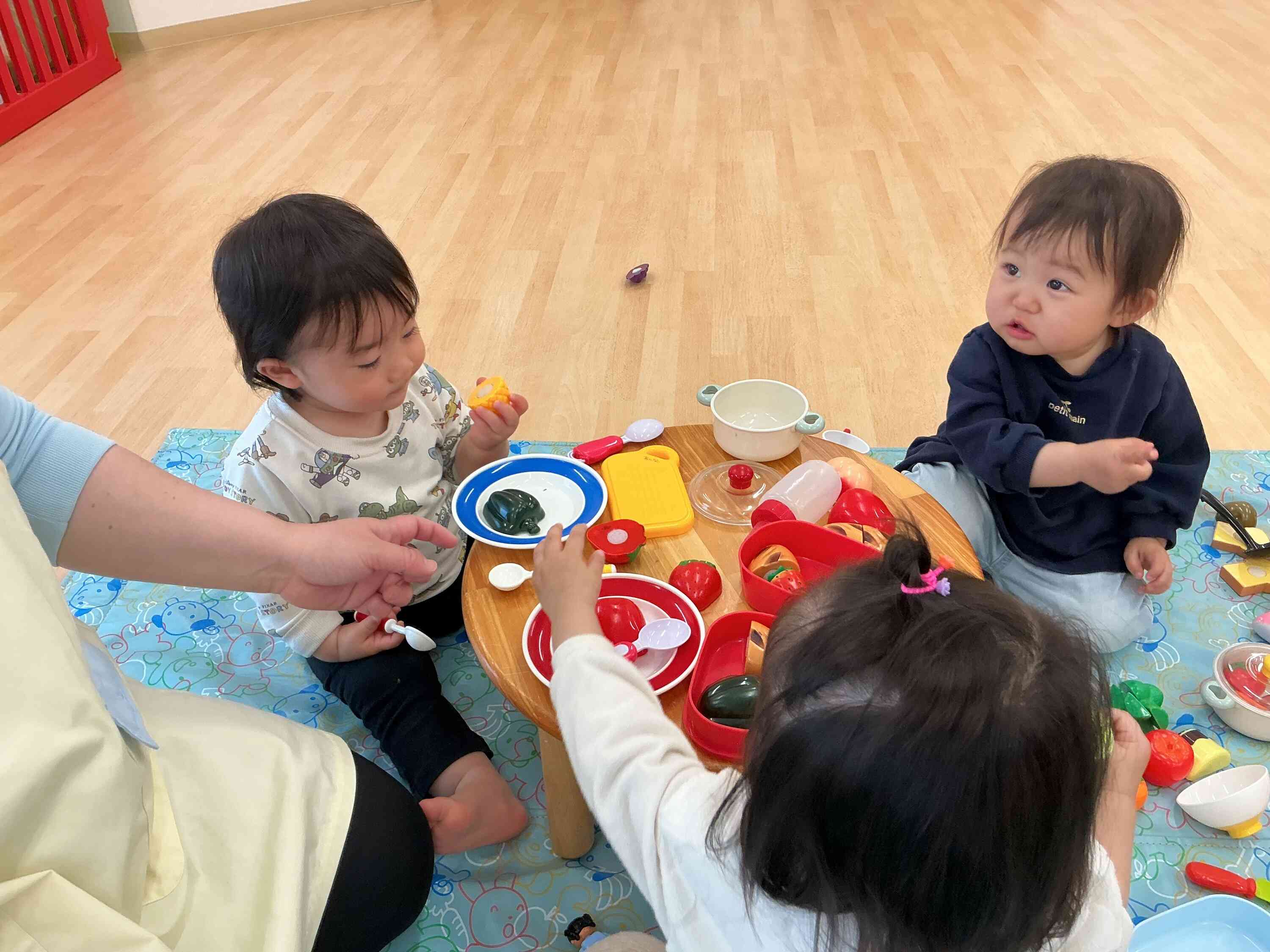 ままごと遊びでは、食べ物をお皿にのせて運んだり、食べる真似をして楽しんでいます。