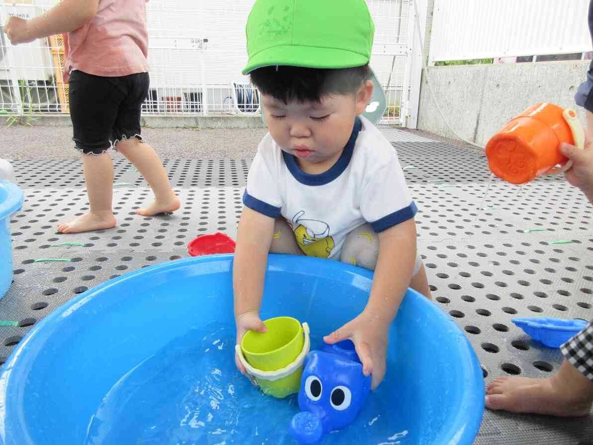 タライでじっくりと遊んでいます。