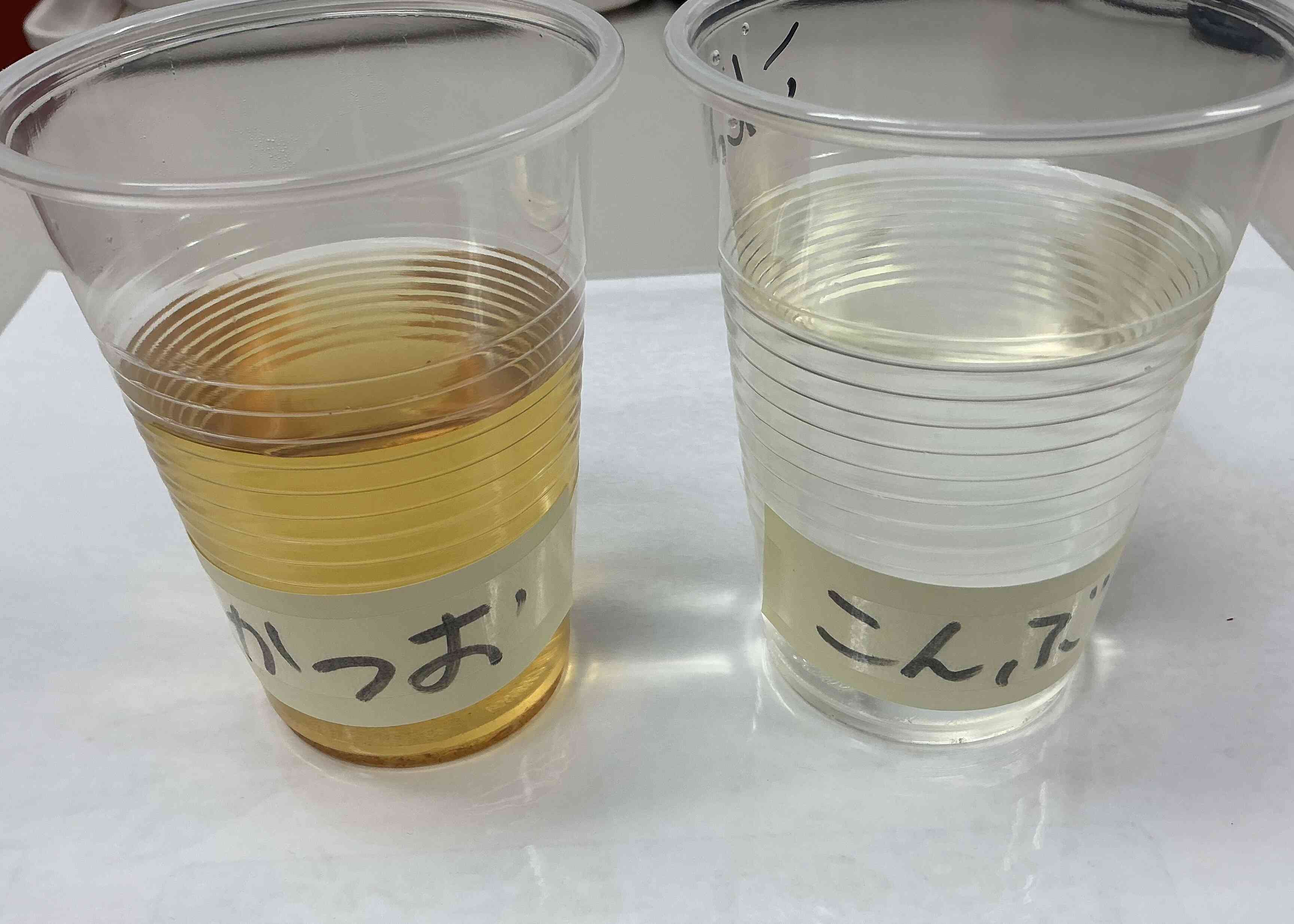 かつおだし（左）と昆布だし（右）の色を実際に比べました