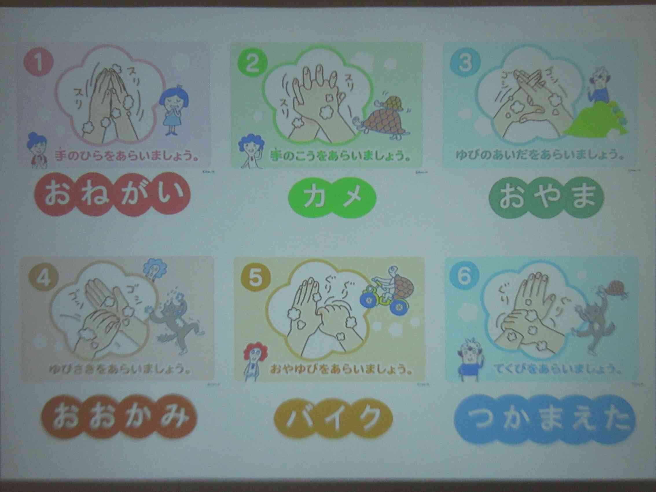 ビデオを見ながら歌に合わせて手の洗い方を知りました！！