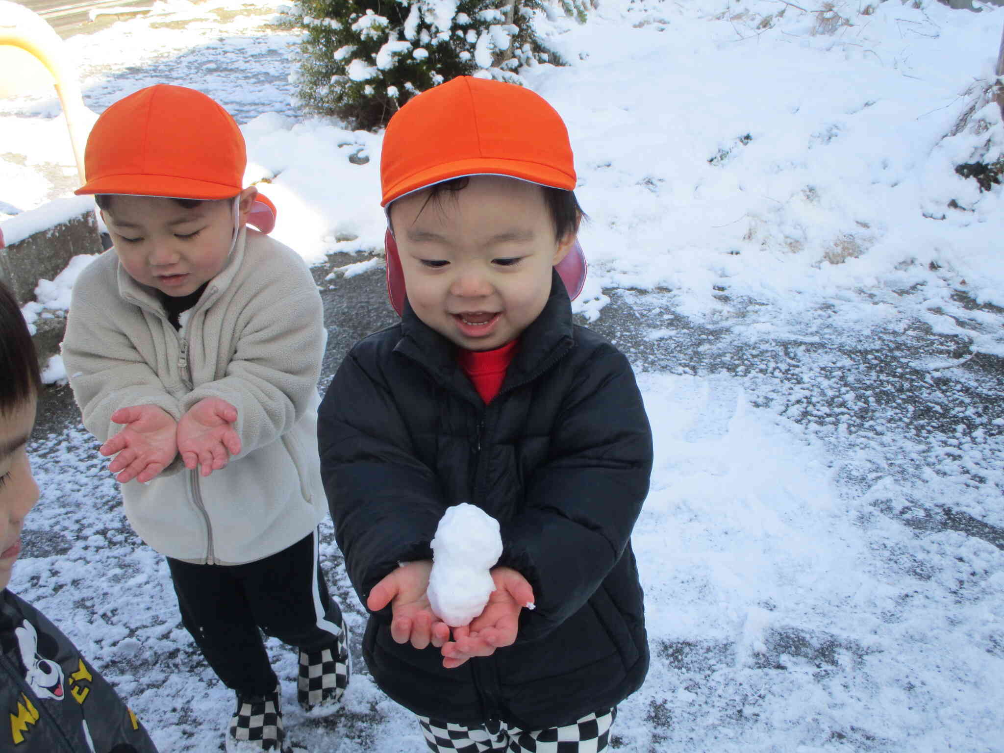 「雪だるま　かわいいよ」「手が冷たーい　見て手が赤くなってる」