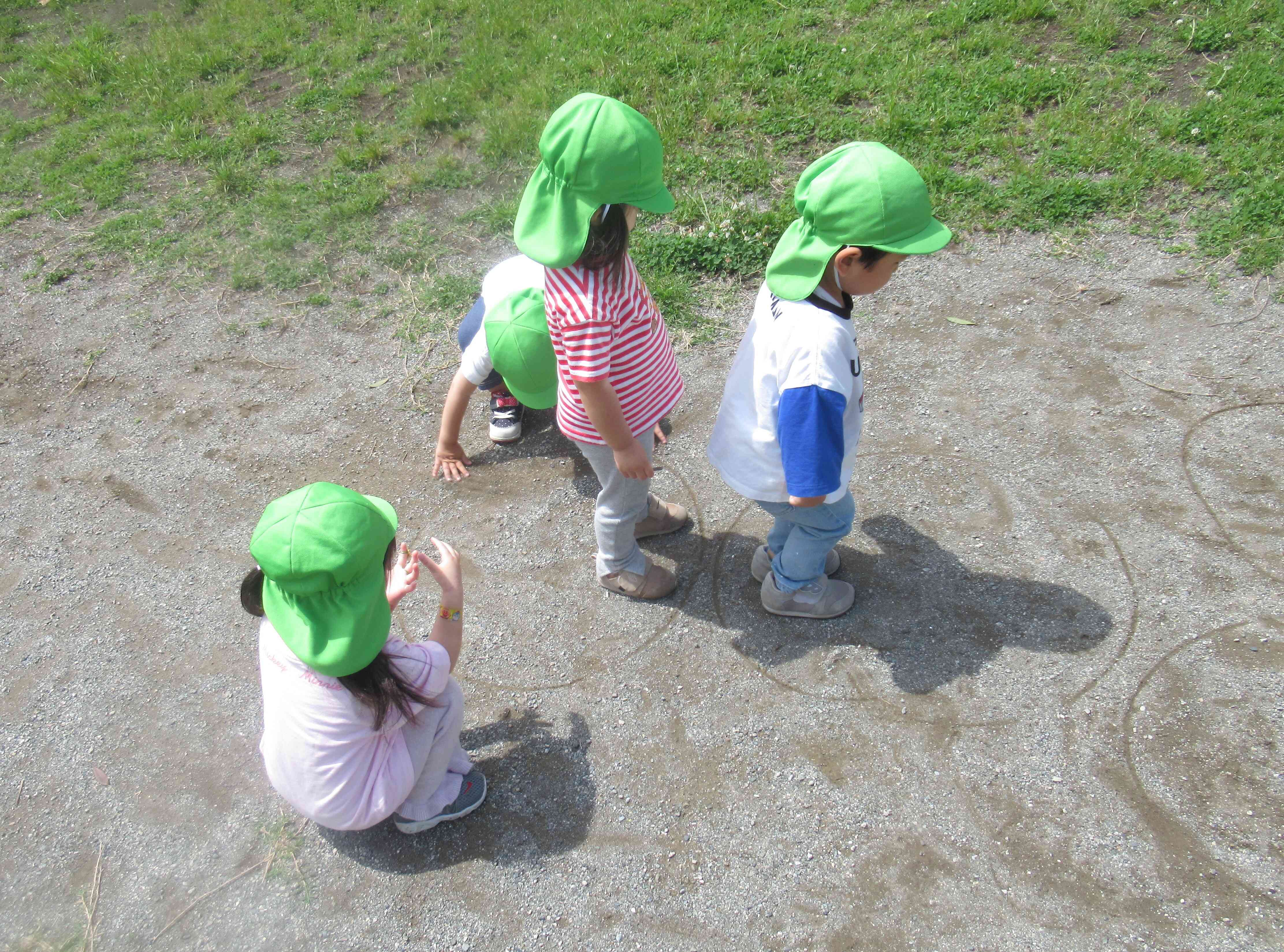 公園で、先生が丸を地面に描いてくれました。なんだかワクワクしますね。