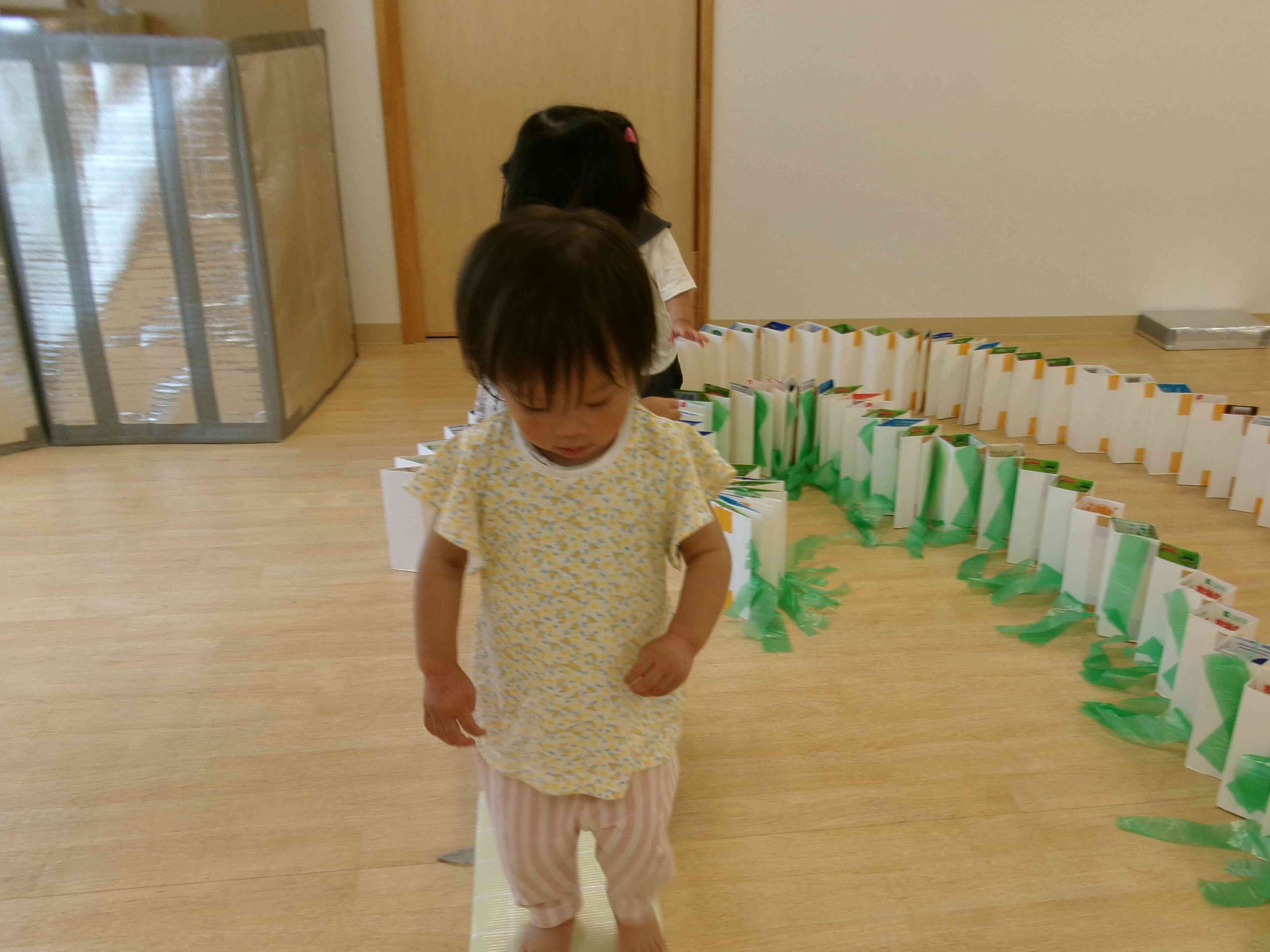 一本橋にチャレンジ！落ちないように慎重に渡ります