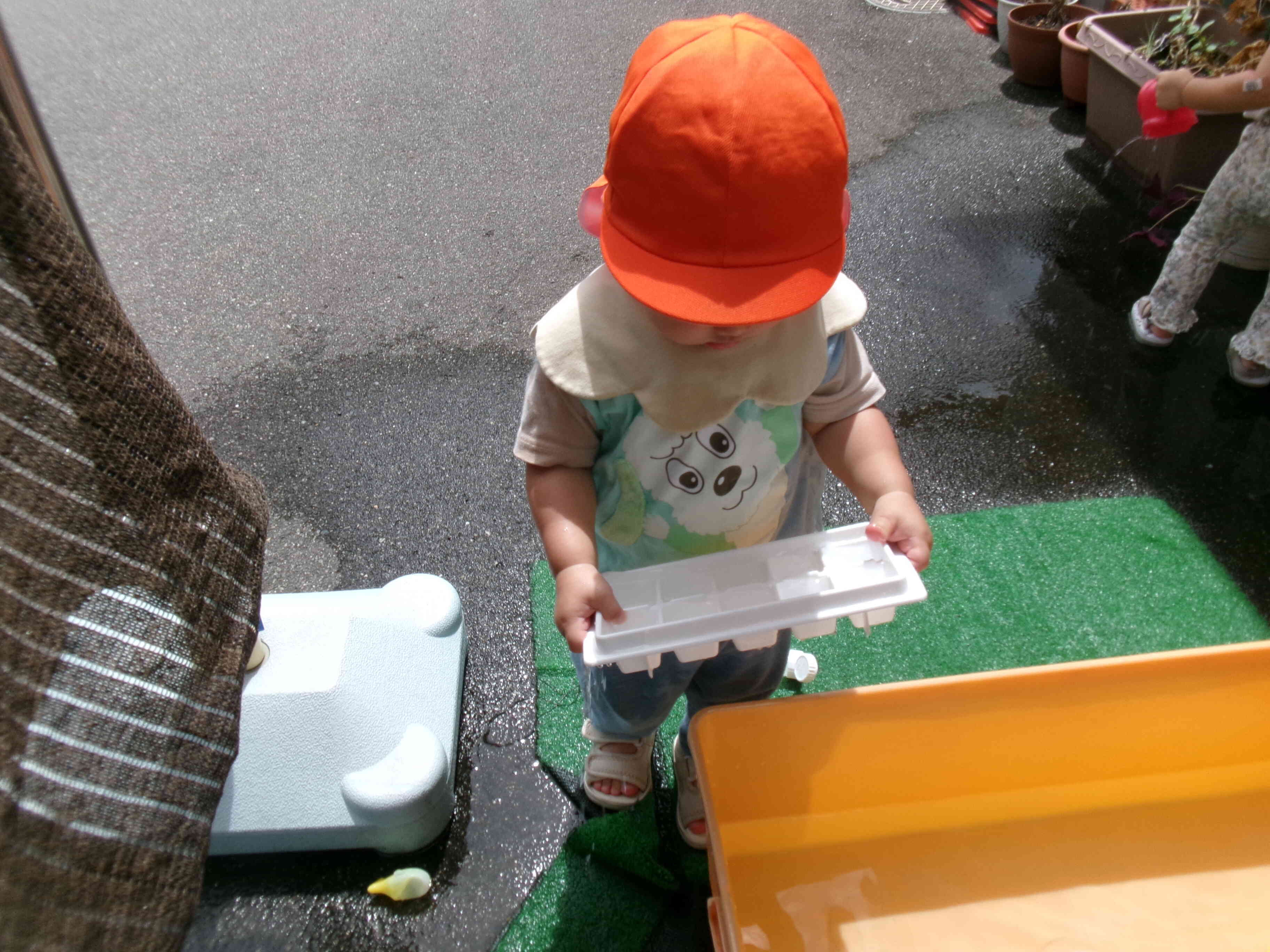 製氷ケースの中にお水を入れてそーっと運ぶよ！