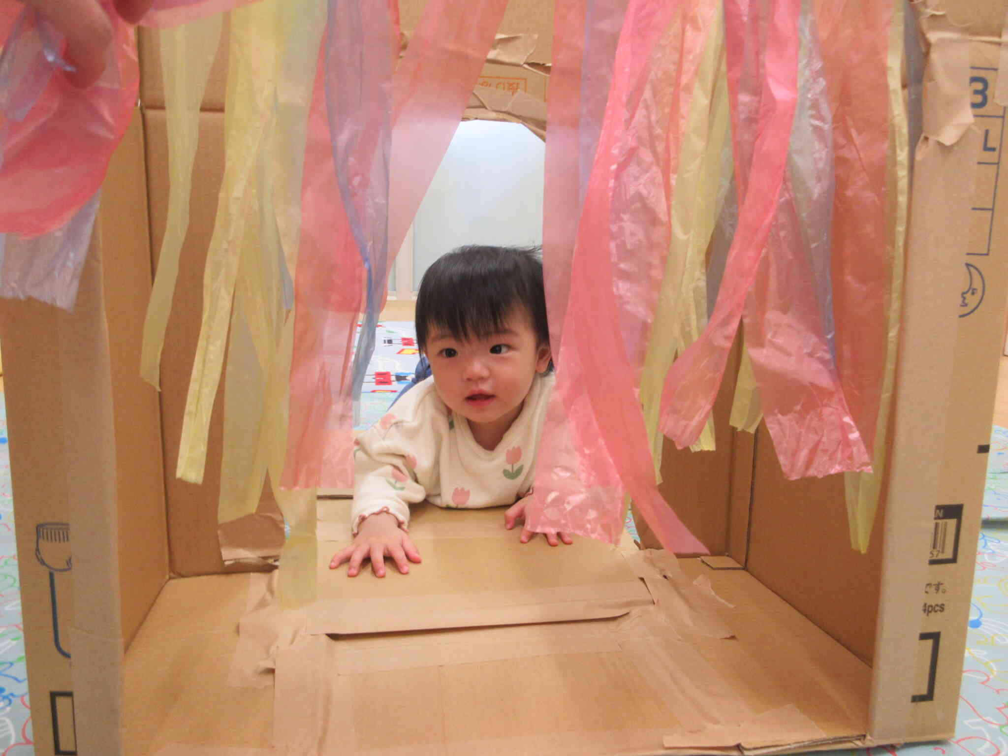 ひよこ組さんは、段ボールトンネルで遊んだよ