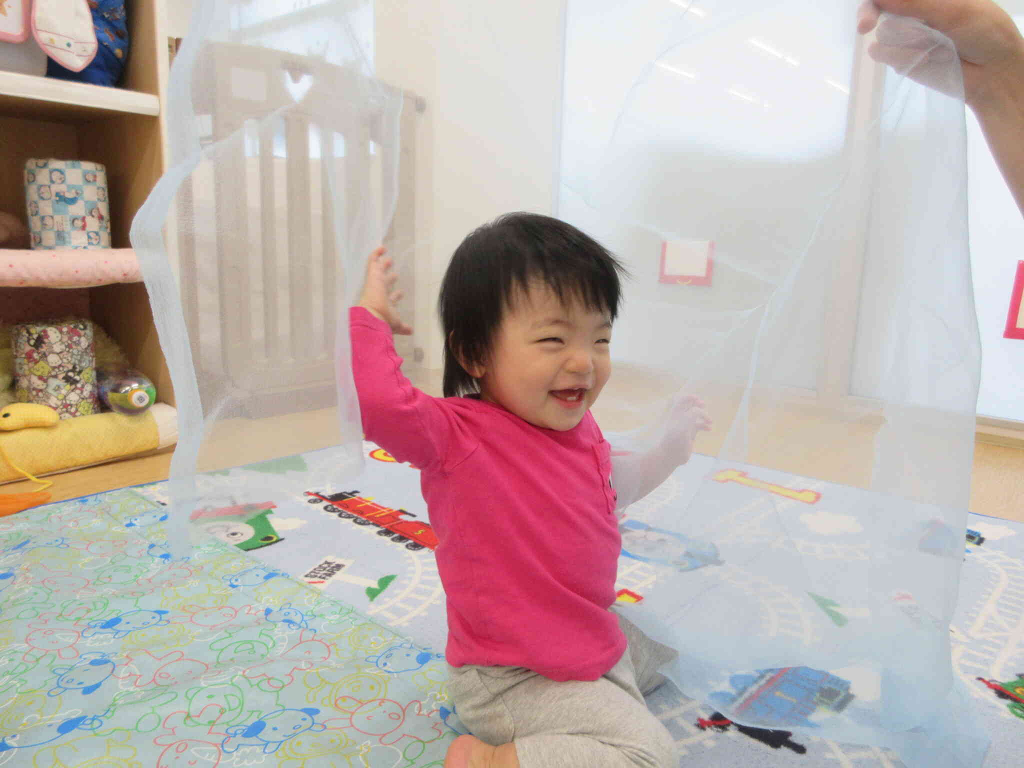 オーガンジーで遊んだよ！ひらひら透けていて、見える景色が面白そう♪