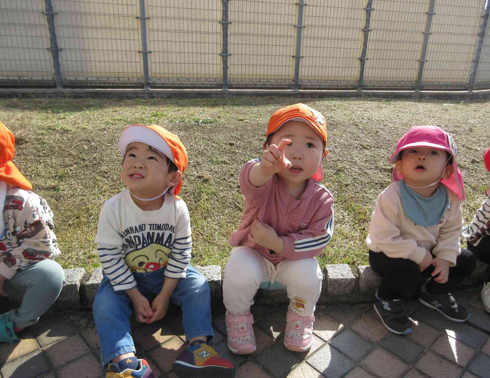 みんなでお空を見ていると…「見てみて！飛行機いるよ！」