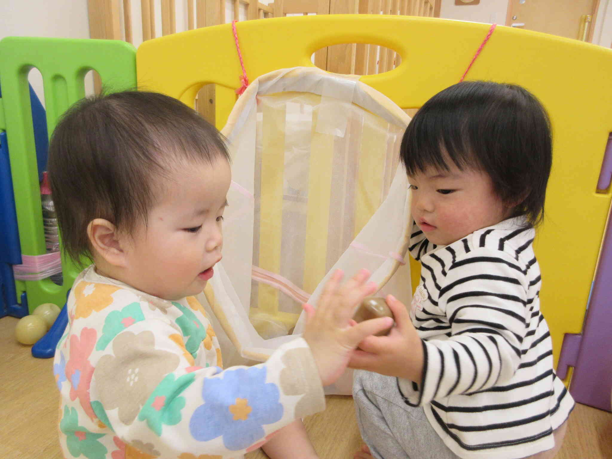 以前より遊び方も分かってきて玉入れに集中する様子が見られます！お友だちにも「はい、どーぞ！」