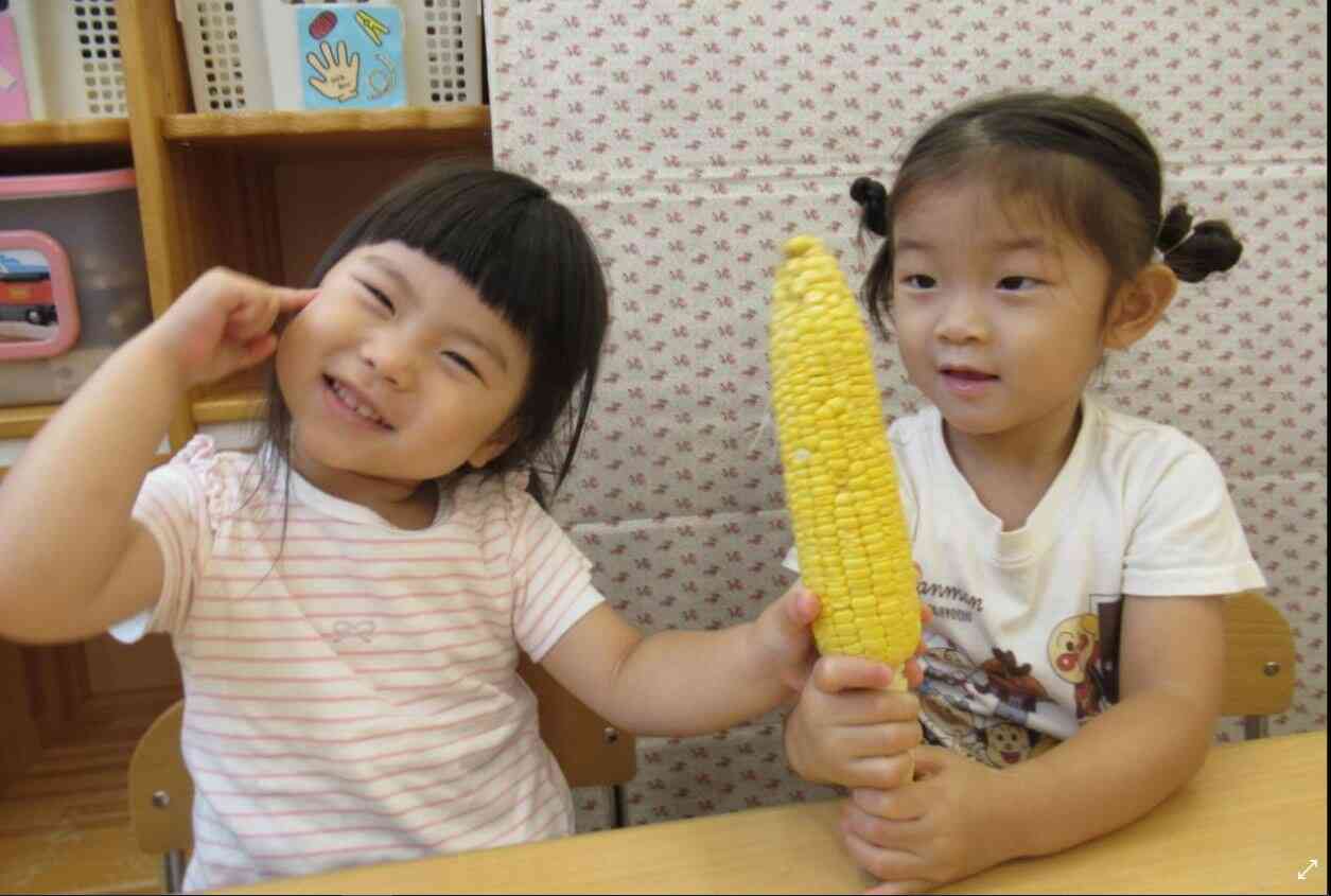 皮をむいて大きなトウモロコシが出てきたよ♪