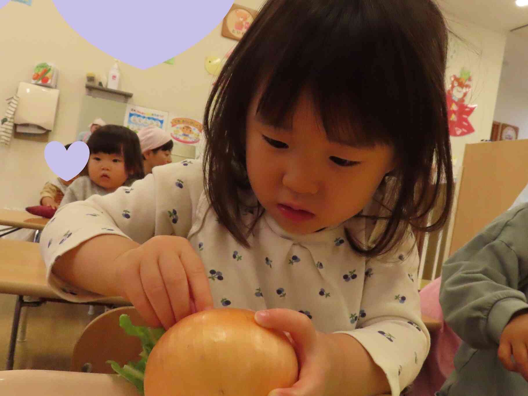 食育「野菜に触れてみよう！」の様子です。