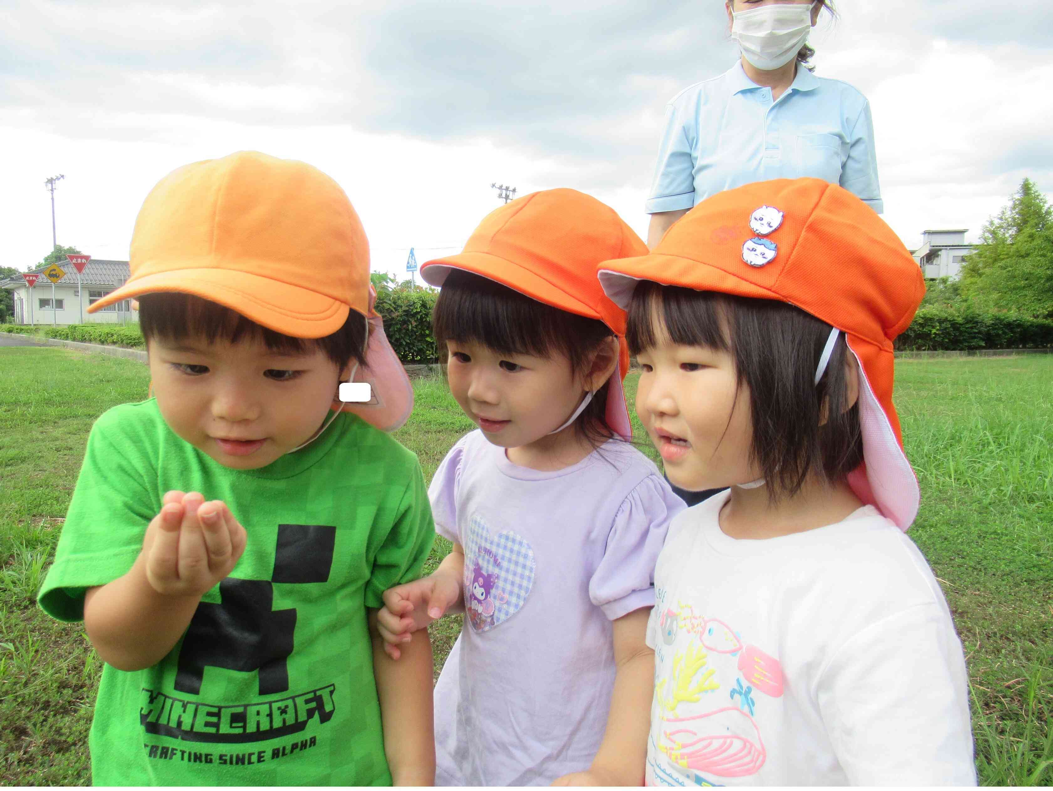 公園で小さな虫を見つけたよ！「見せて～」と興味津々のうさぎ組（2歳児）のお友だちです。