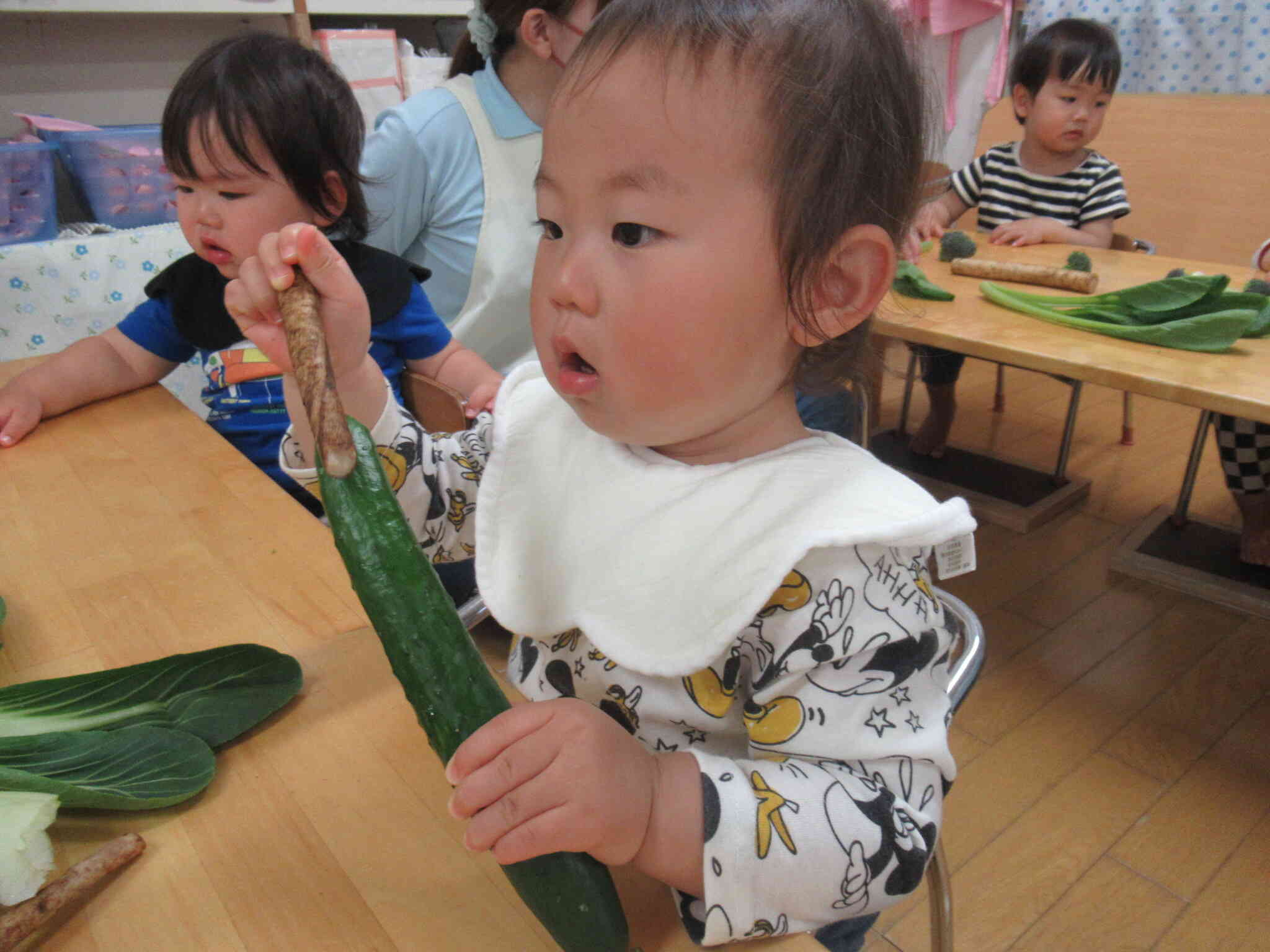 最初から警戒せずに野菜を触るお友だちもいました！