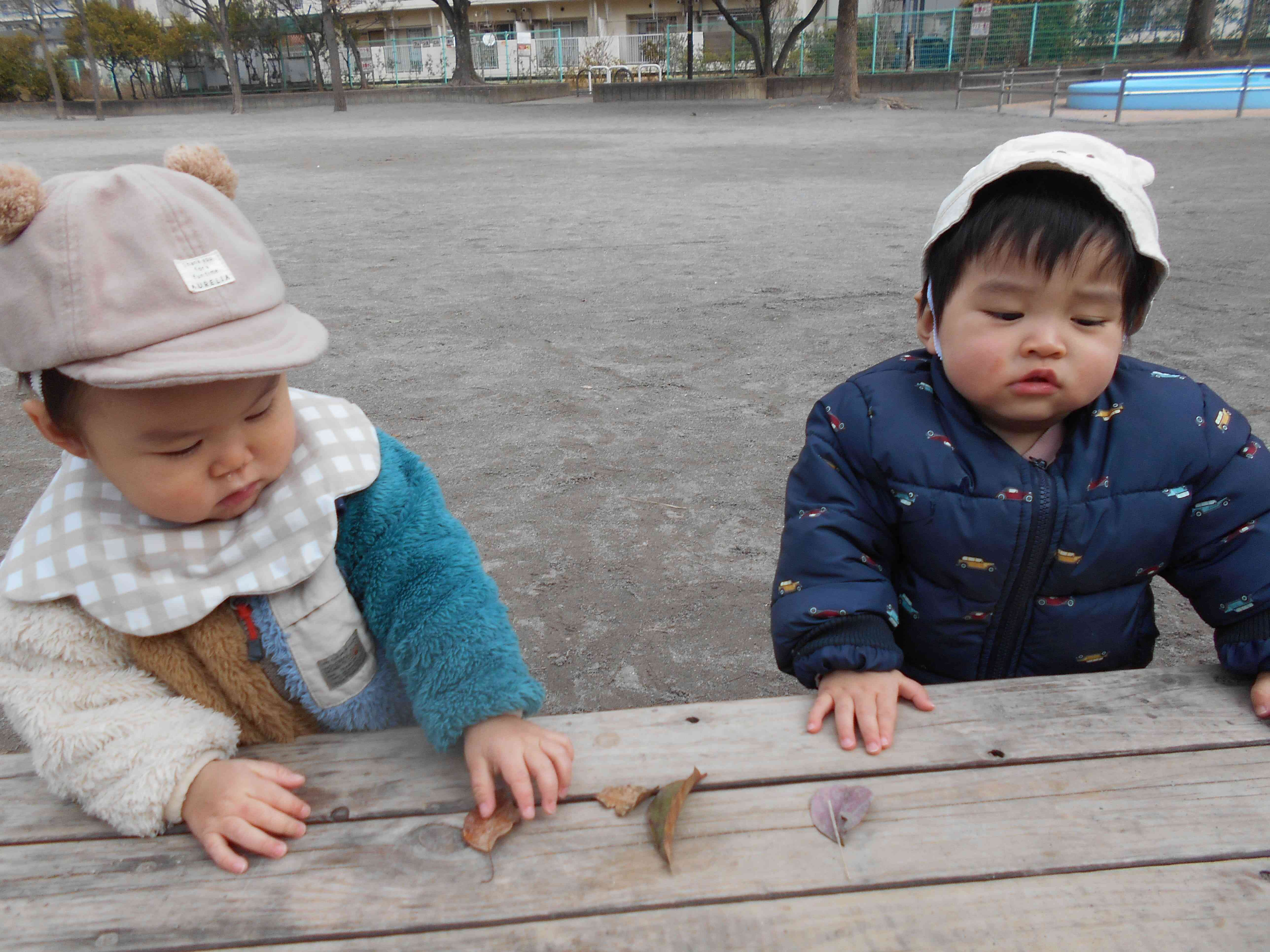 ベンチの上に葉っぱを置いてお店屋さんごっこかな？