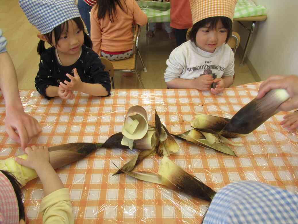 食育　たけのこの皮むき（うさぎ組・2歳児）